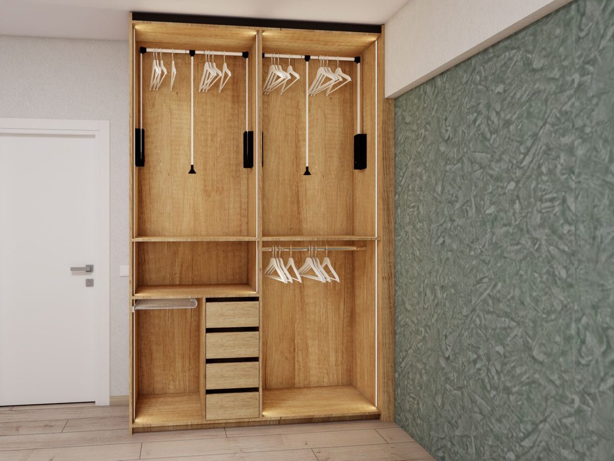 Guardaroba aperto in legno con illuminazione e cassetti
