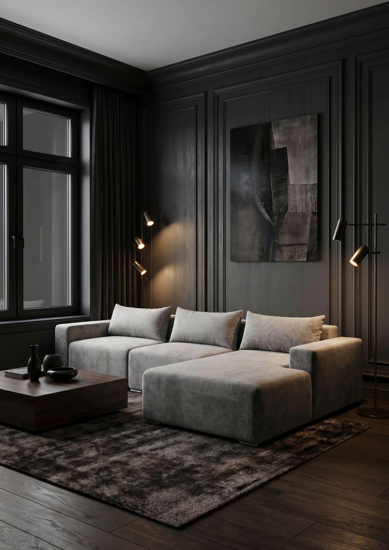 Divano letto angolare grigio in una stanza scura