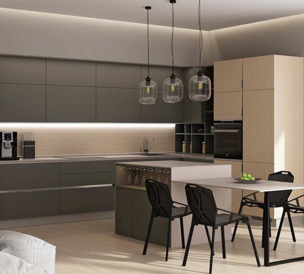 Kitchen-diner with graphite cabinets and a dining table