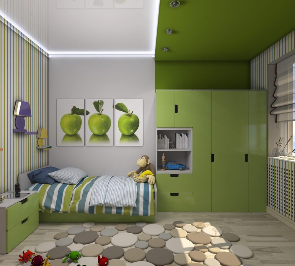 Kinderzimmer mit grünem Schrank und Bett
