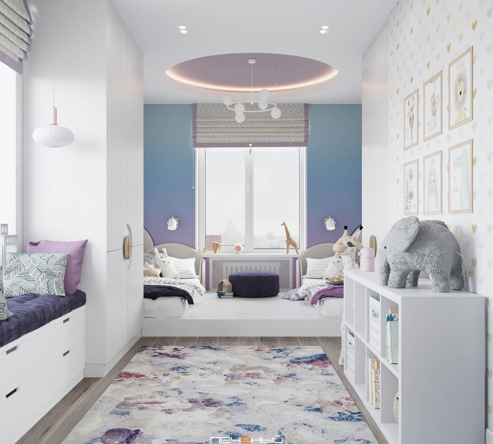Kinderzimmer mit Bett am Fenster und Regal