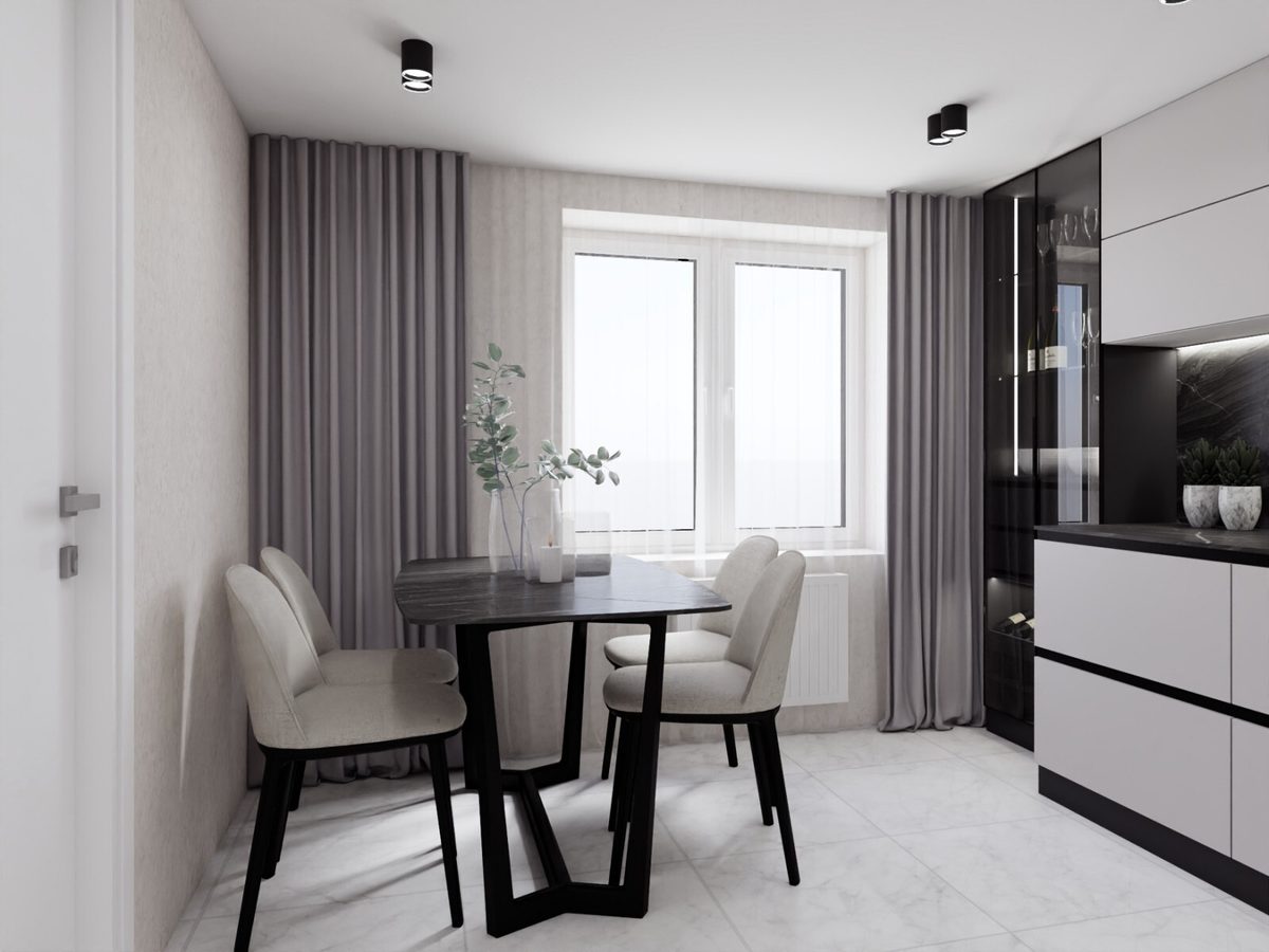 Dining area by the window and a display cabinet next to the kitchen