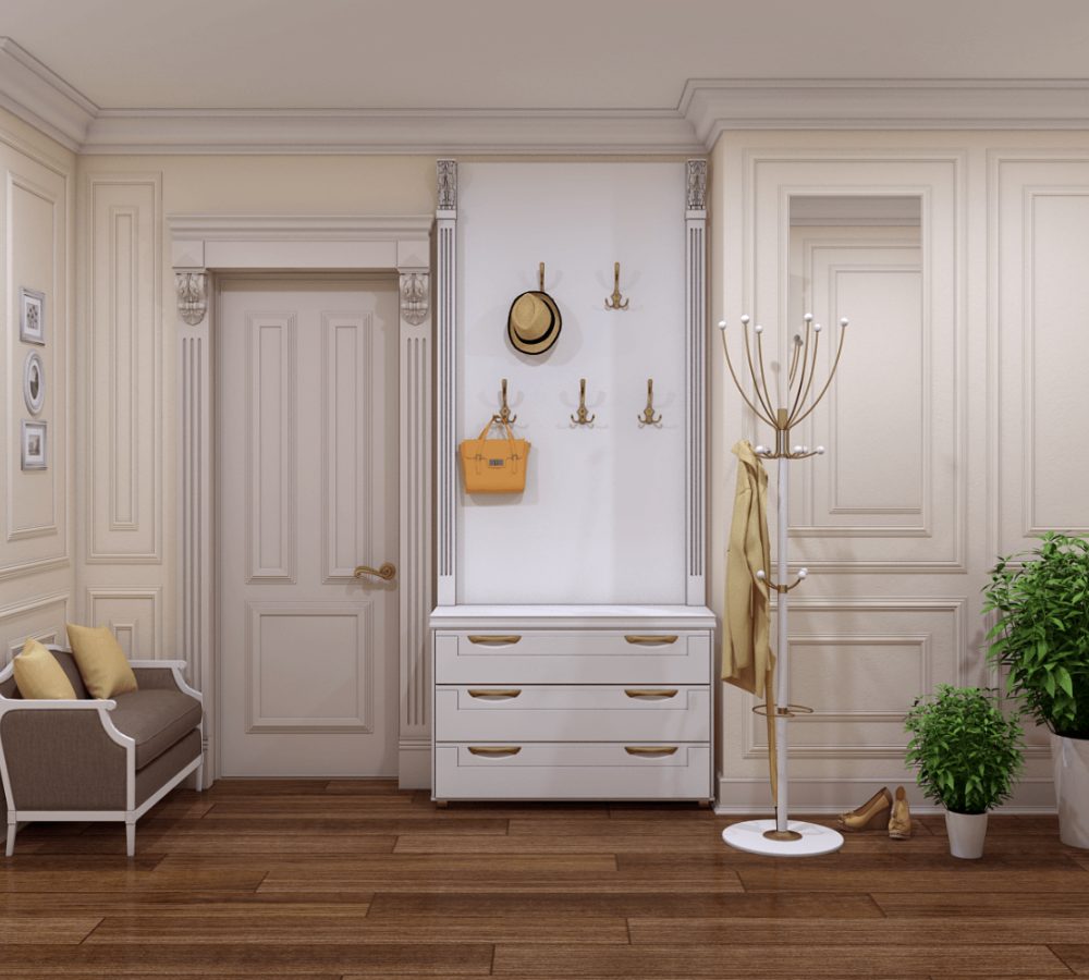 Flur mit Holzboden, Garderobe und Kommode