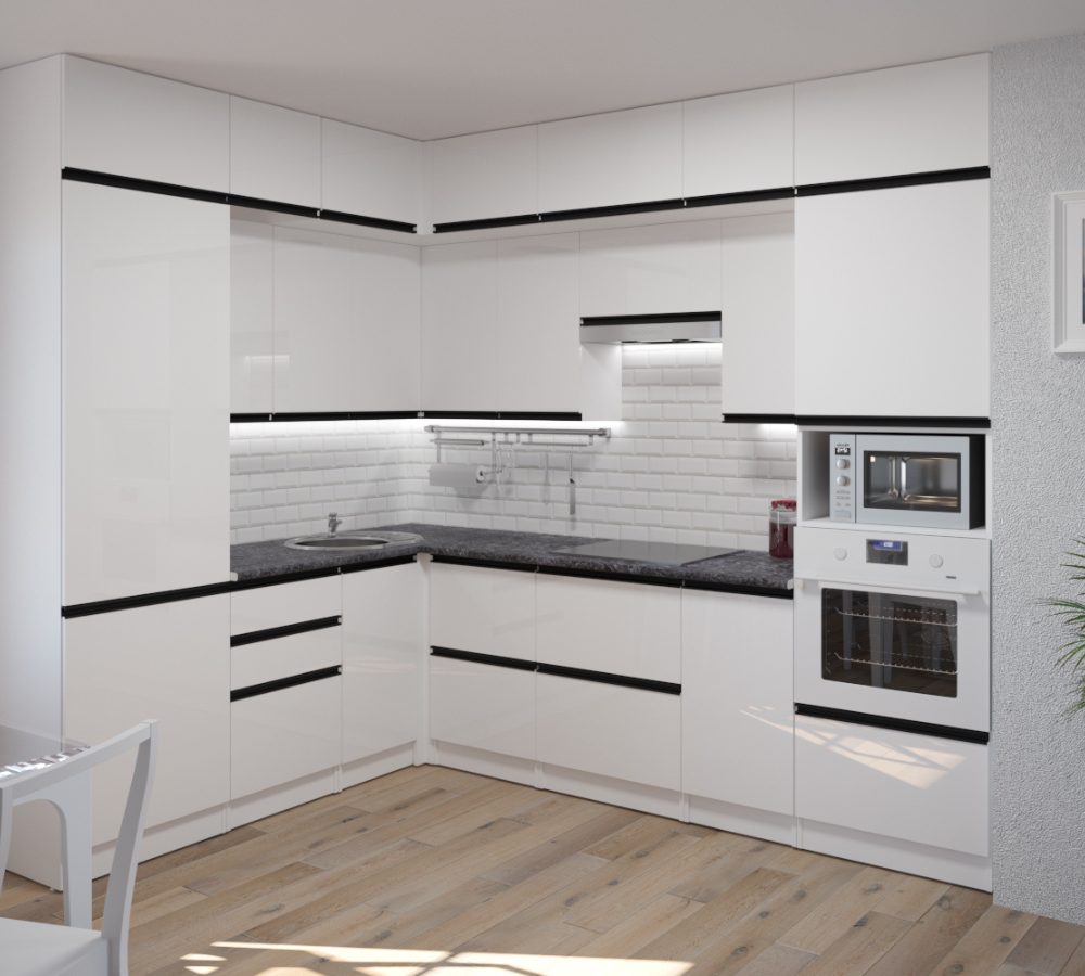 White corner kitchen with black profile handles