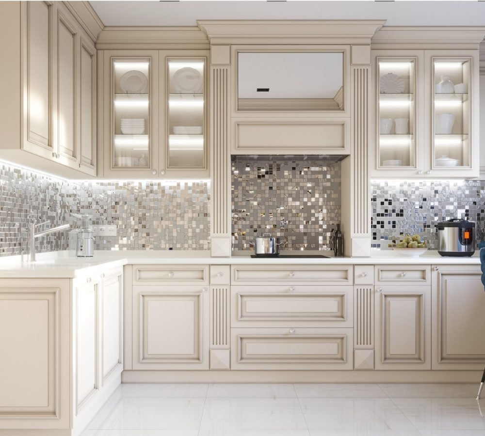 Cream corner kitchen with a mirror mosaic splashback