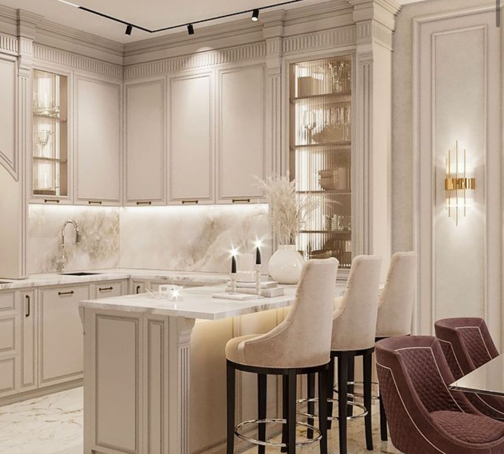 Beige classic kitchen with a breakfast bar and lighting