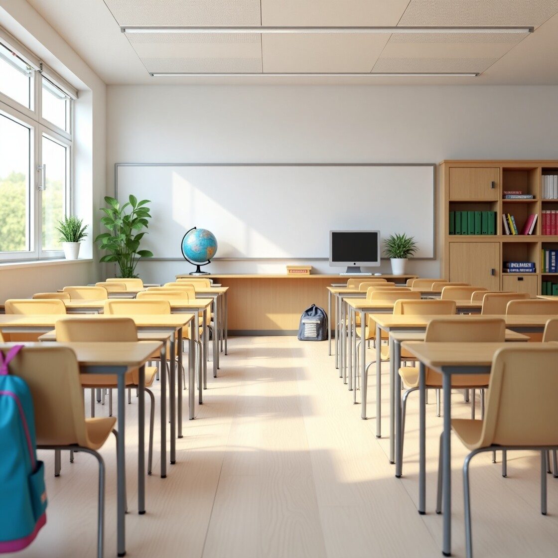 Klassenzimmer mit Reihen von Tischen und Stühlen
