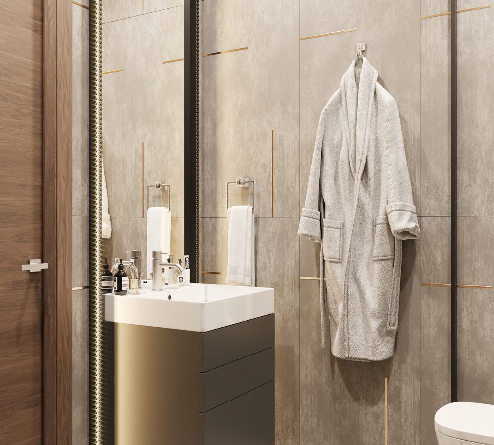 Mobile lavabo nel bagno della camera e accappatoio appeso