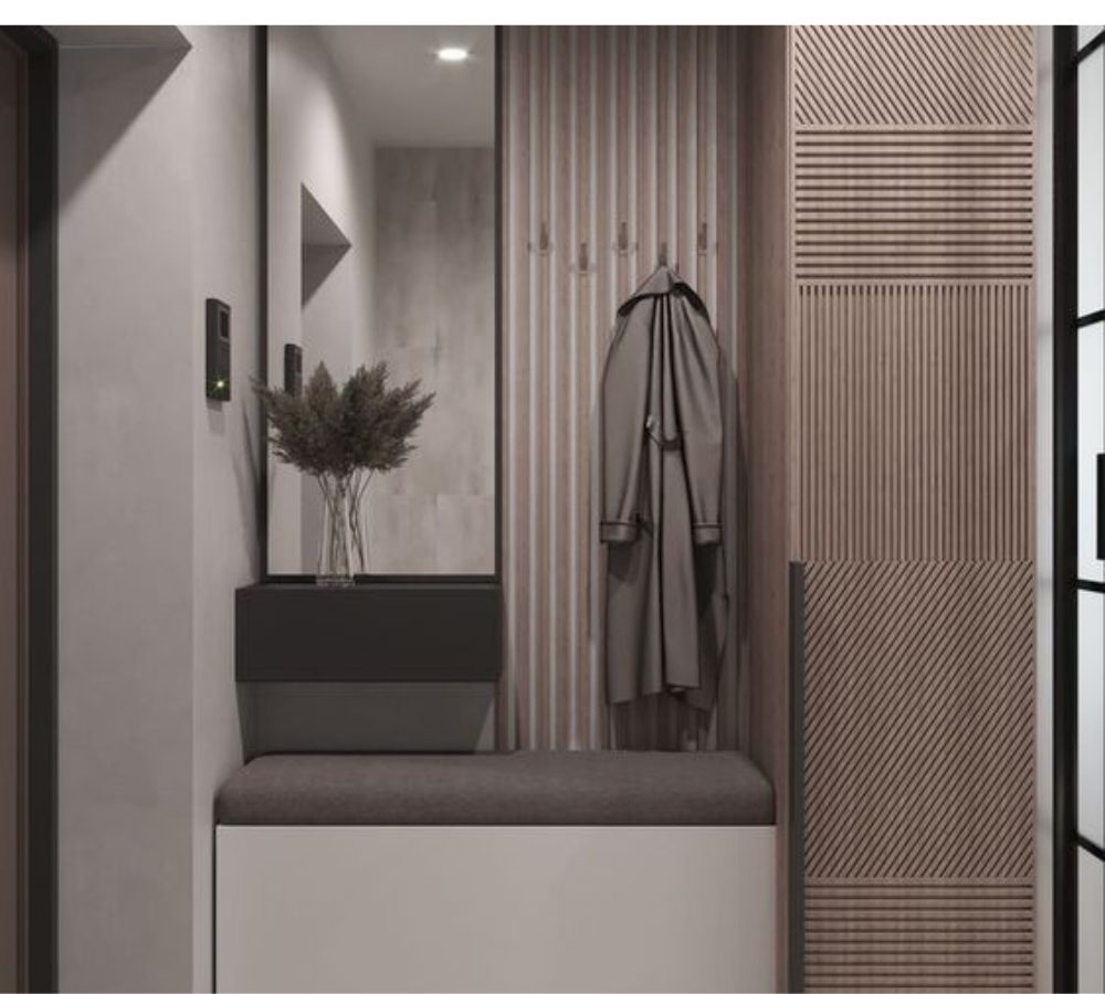 Nische mit Sitz und Garderobe an Lamellenpaneel