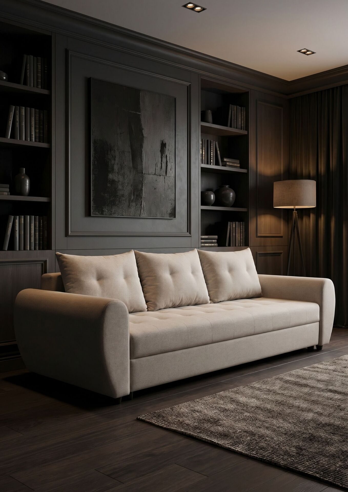 Divano lineare beige accanto alle librerie
