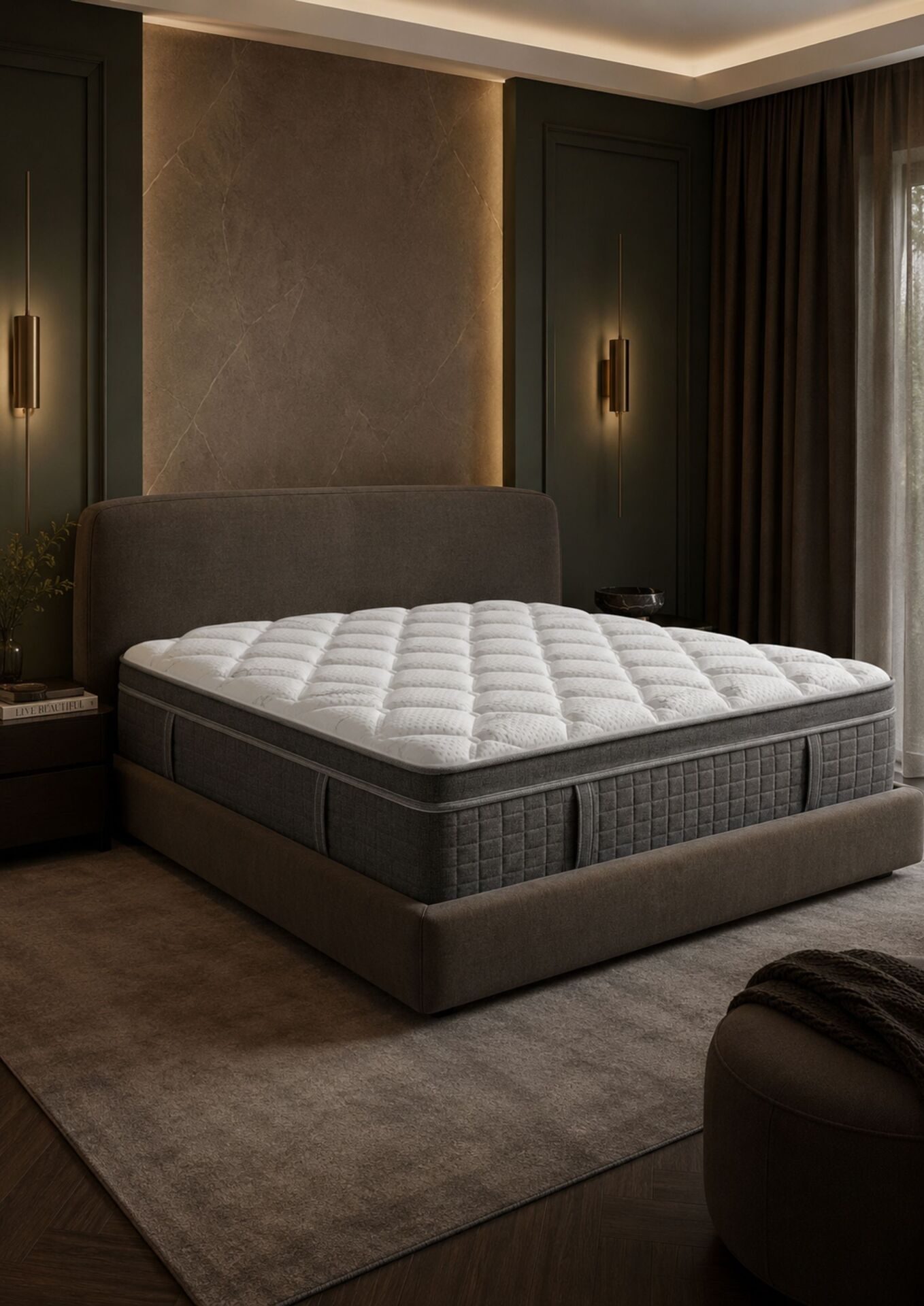 Gesteppte Matratze mit grauem Rand auf einem Bett